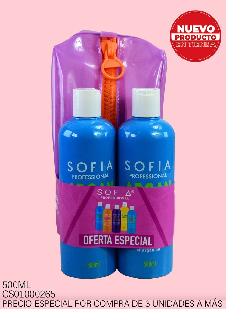 SET CON COSMETIQUERA ARGAN SOFIA PROFESIONAL 500ML