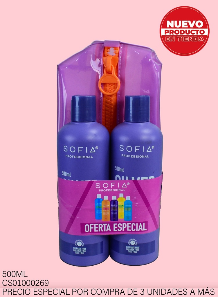 SET CON COSMETIQUERA SILVER SOFIA PROFESIONAL 500ML