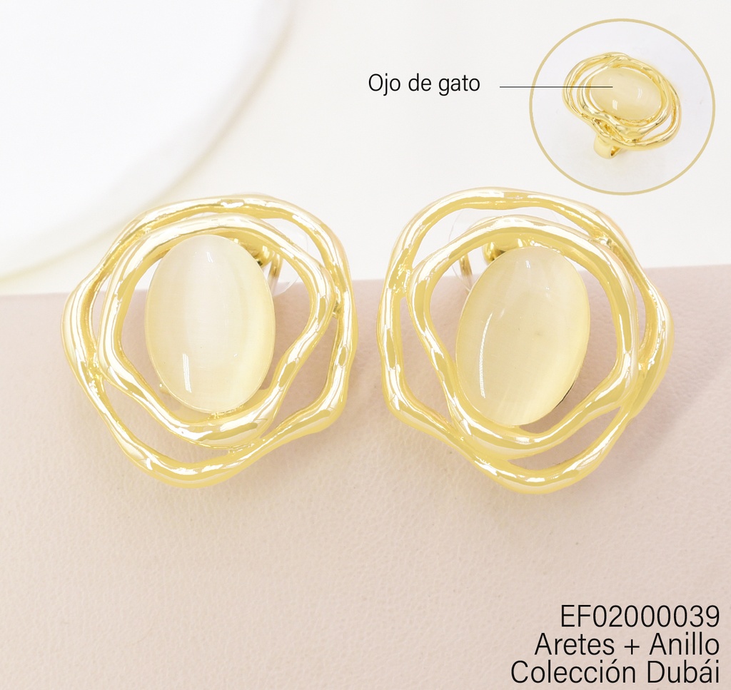 ARETES OVALO CROQUI DOBLE  IRREG. /PIEDRA BEIGE C/ANILLO  FD25633