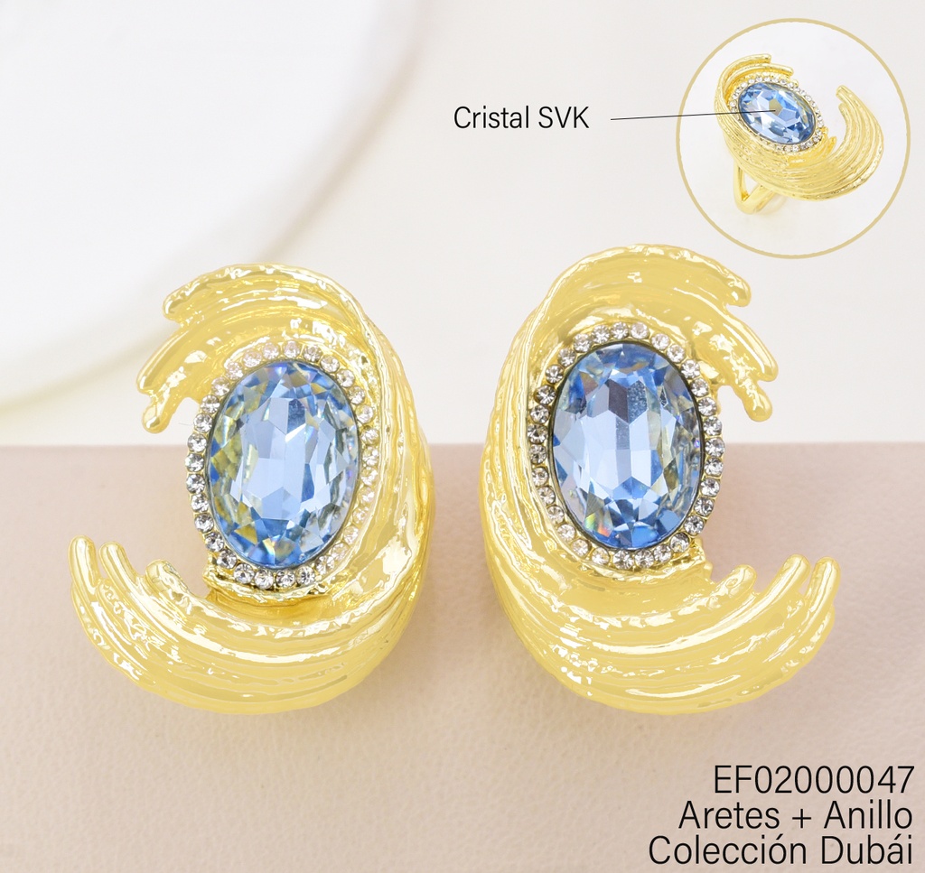 ARETES DOR “C“ OVALO CELESTE C/ANILLO FD25688