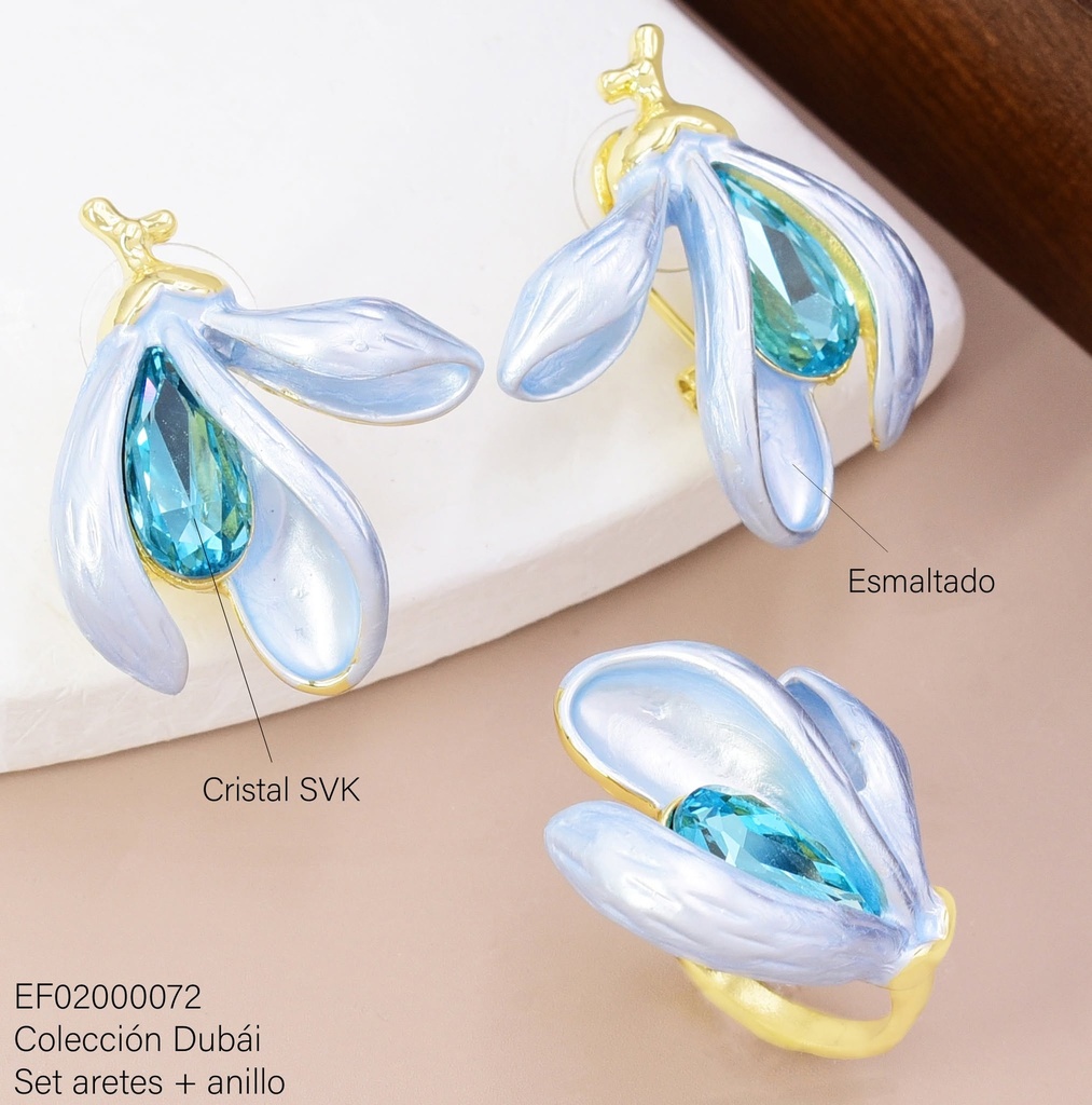 SET ARETES 3 PETALOS CELESTES/GOTA C/ANILLO FD25838