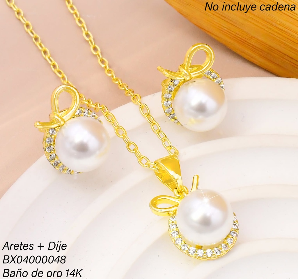 SET BAÑO DE ORO 14K. XUPING PERLA ZIRC. ALREDEDOR C-151