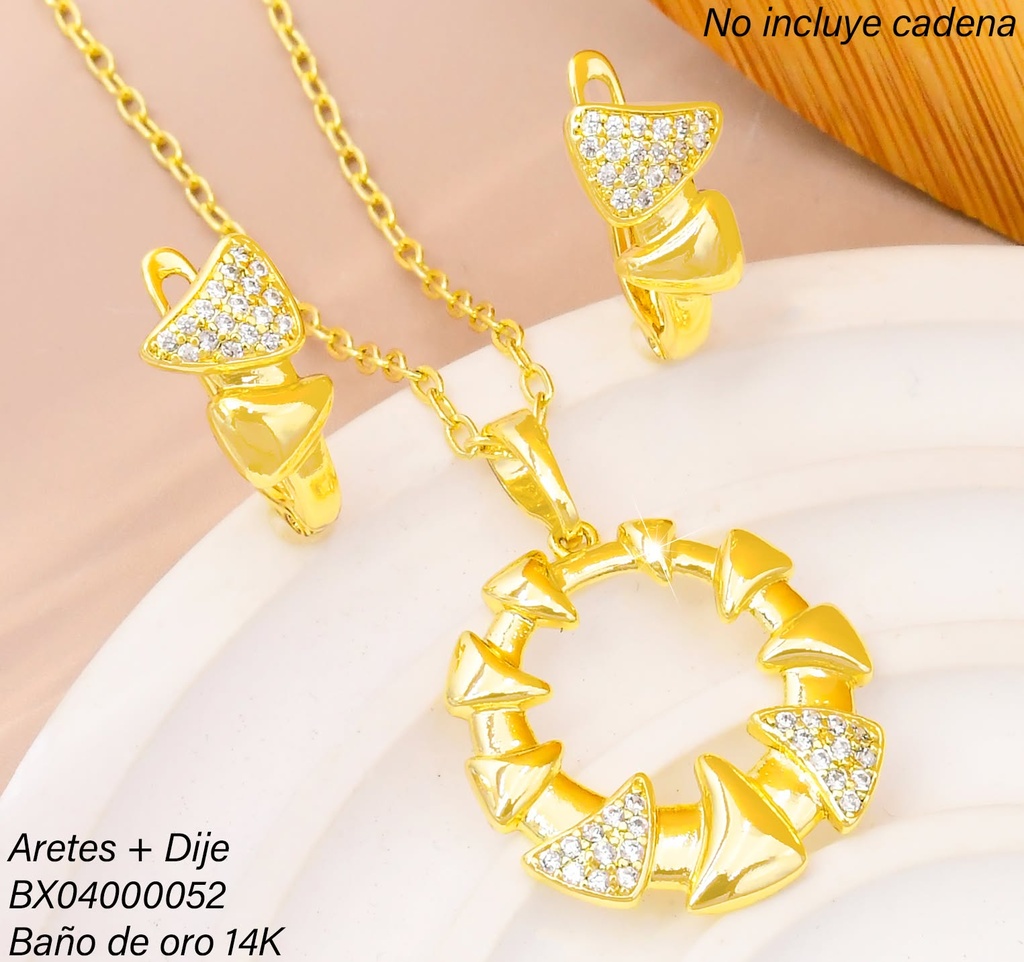 SET BAÑO DE ORO 14K. XUPING  CIRCULO/ TRINAGULOS LISOS/ZIRC. C-145