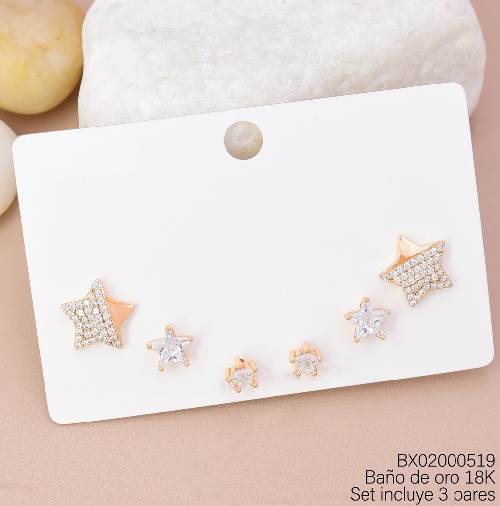 PAQ. 3 PARES ARETES BAÑO DE ORO 18K. XUPING ESTRELLAS ZIRC.