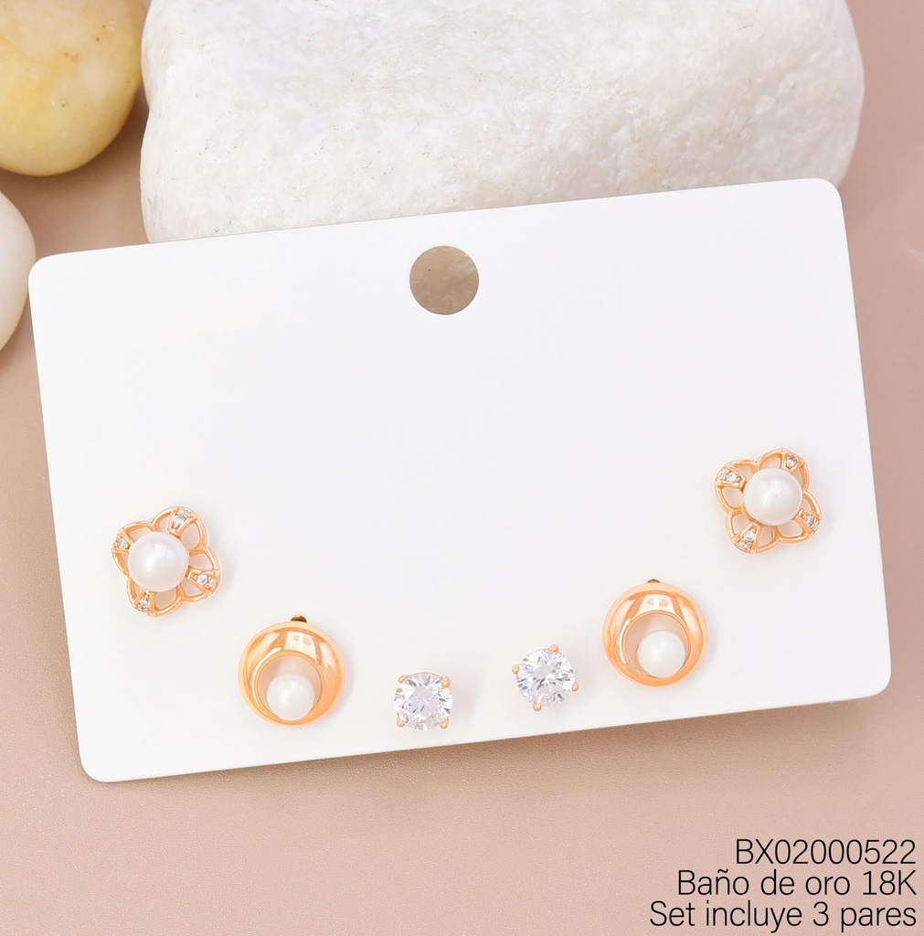 PAQ. 3 PARES ARETES BAÑO DE ORO 18K XUPING PERLA FLOR/RD/ZIRC