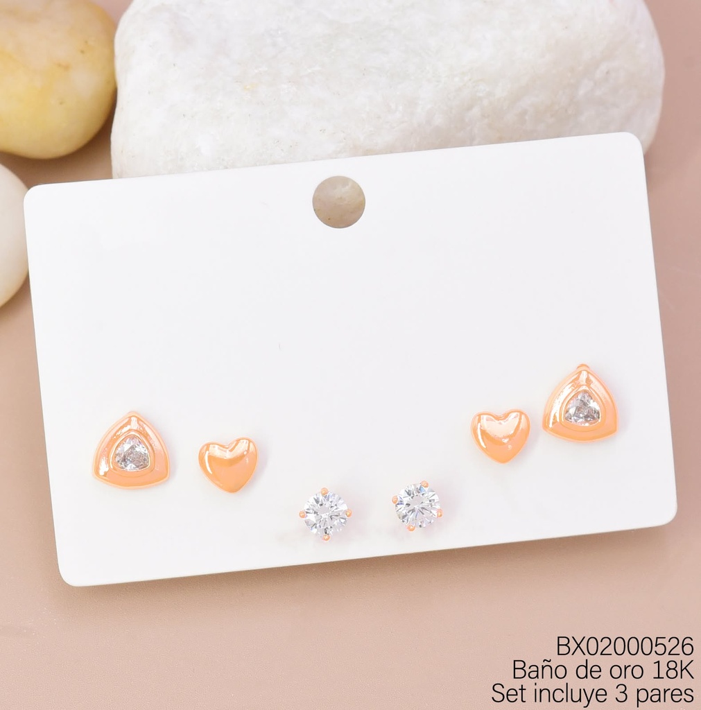 PAQ. 3 PARES ARETES BAÑO DE ORO 18K XUPING TRIANG/CORAZON/ZIRC