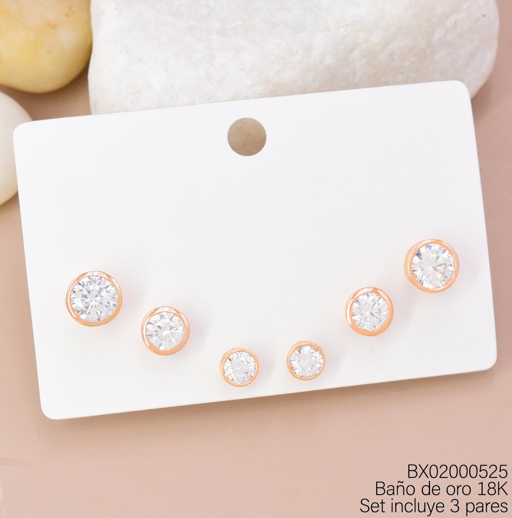 PAQ. 3 PARES ARETES BAÑO DE ORO 18K XUPING ZIRC.RD DIF.TAM