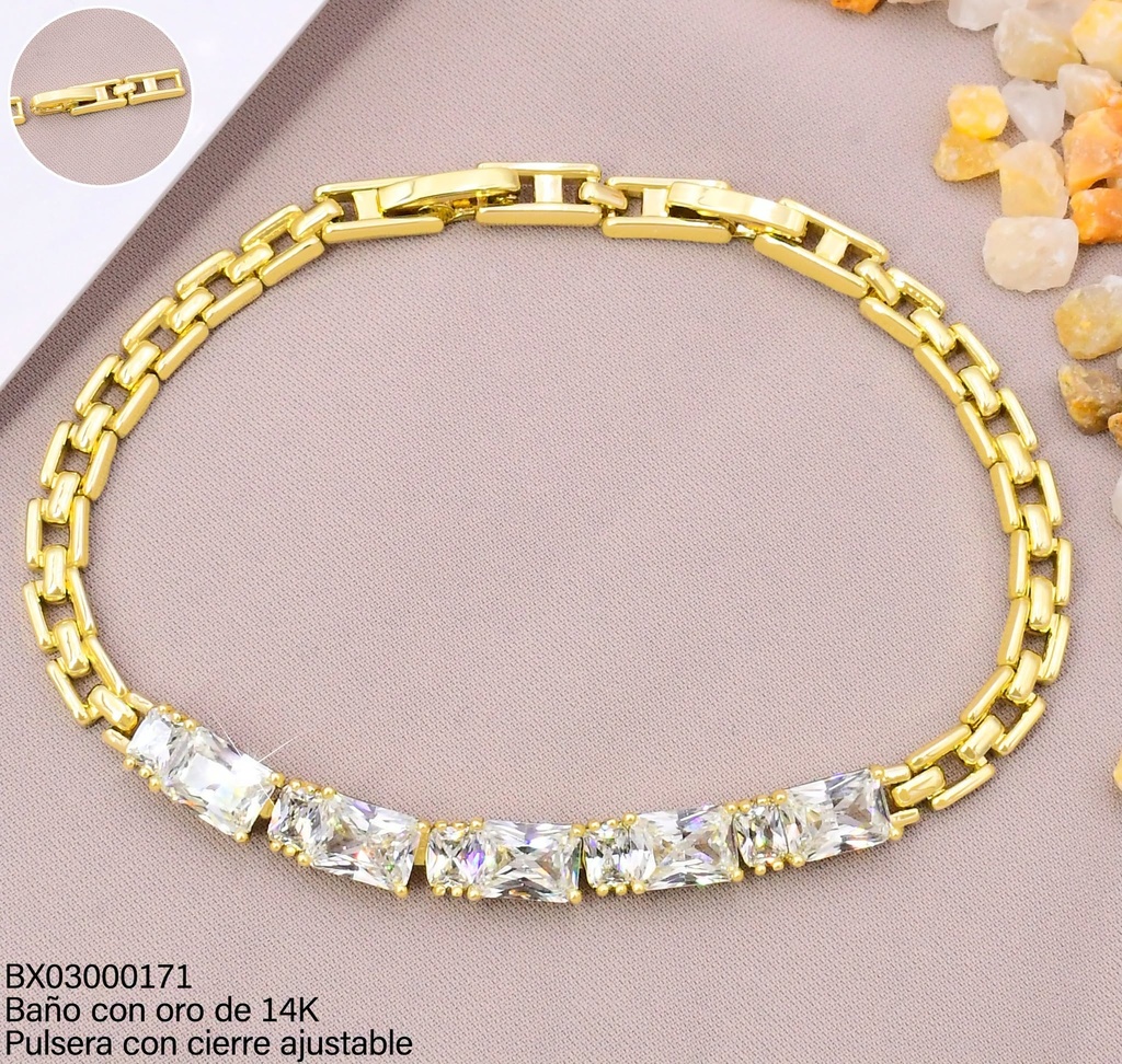 PULSERA BAÑO DE ORO 14K. XUPING RECTANGULOS ZIRC.UBCF-0627