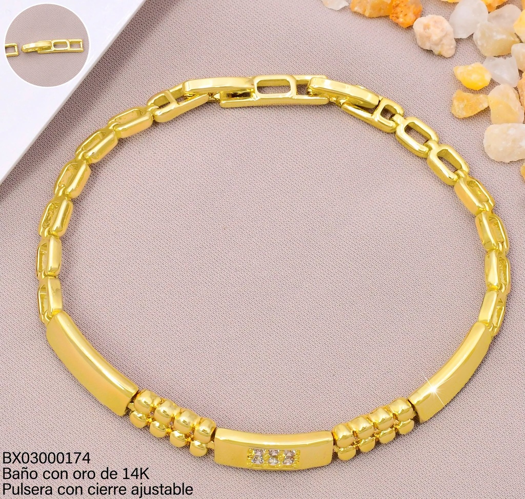 PULSERA BAÑO DE ORO 14K. XUPING 3 RECTANGULOS/ZIRC UBYX-5782