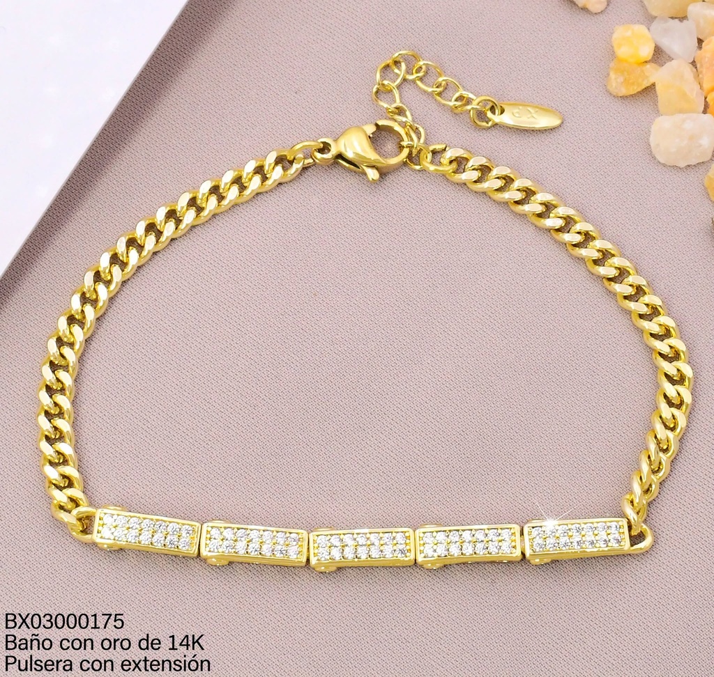PULSERA BAÑO DE ORO 14K. XUPING 5 RECTANGULOS ZIRC.ZBYX-0633