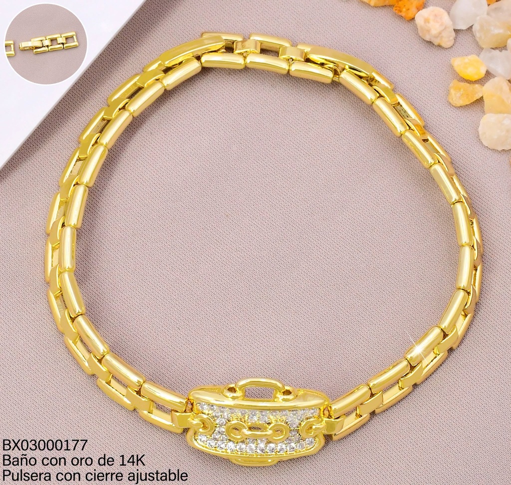 PULSERA BAÑO DE ORO 14K. XUPING MARTILLADA CENTRO HEBILLA SYX-7486B