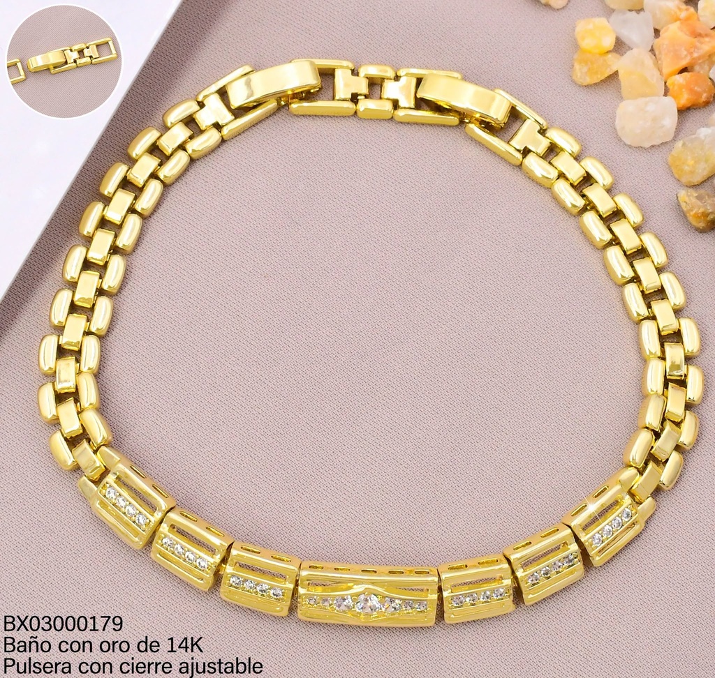 PULSERA BAÑO DE ORO 14K. XUPING MART. 7 RECTANGULOS UBYX-5664