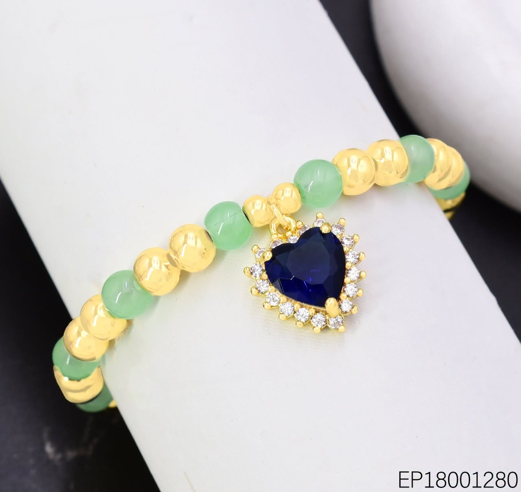 PULSERA PELOTITAS DOR/VERDE MENTA CORAZON ZIRC.BE1245-217 (J26)