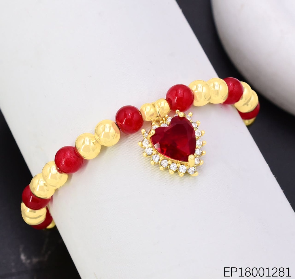 PULSERA PELOTITAS DOR/ROJA CORAZON ZIRC.BE1246-217 (J26)