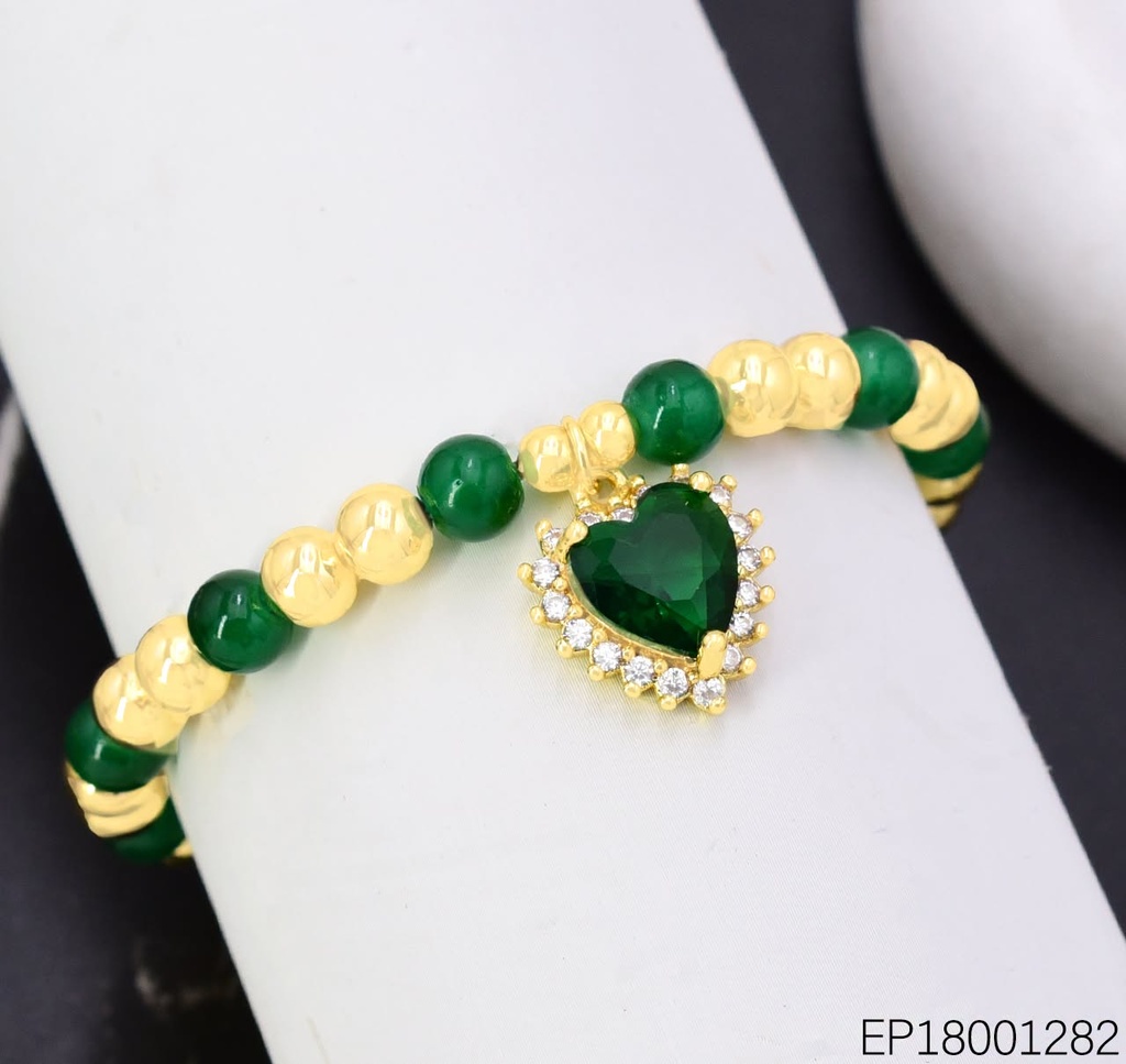 PULSERA PELOTITAS DOR/VERDE CORAZON ZIRC.BE1247-217 (J26)
