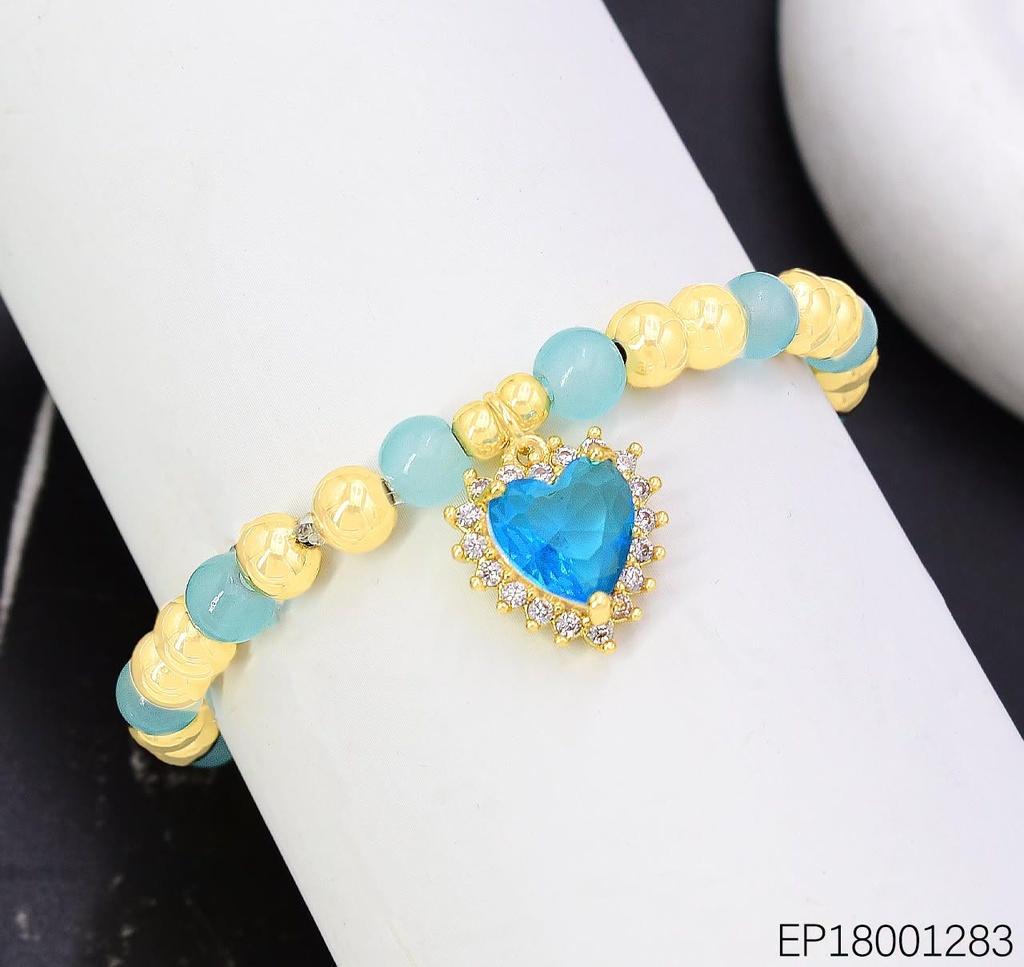PULSERA PELOTITAS DOR/CELESTE CORAZON ZIRC.BE1248-217 (J26)