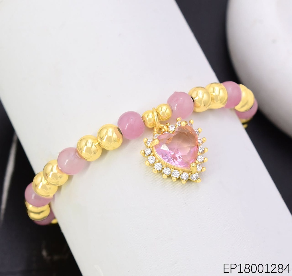 PULSERA PELOTITAS DOR/ROSA CORAZON ZIRC. BE1249-217 (J26)