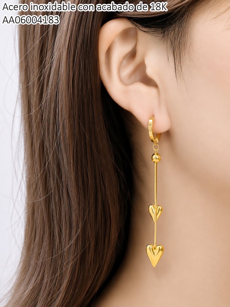 ARETES ACERO INOX. ACABADO 18K. HUGGIES CORAZON/PELOTITAS (212) VE26