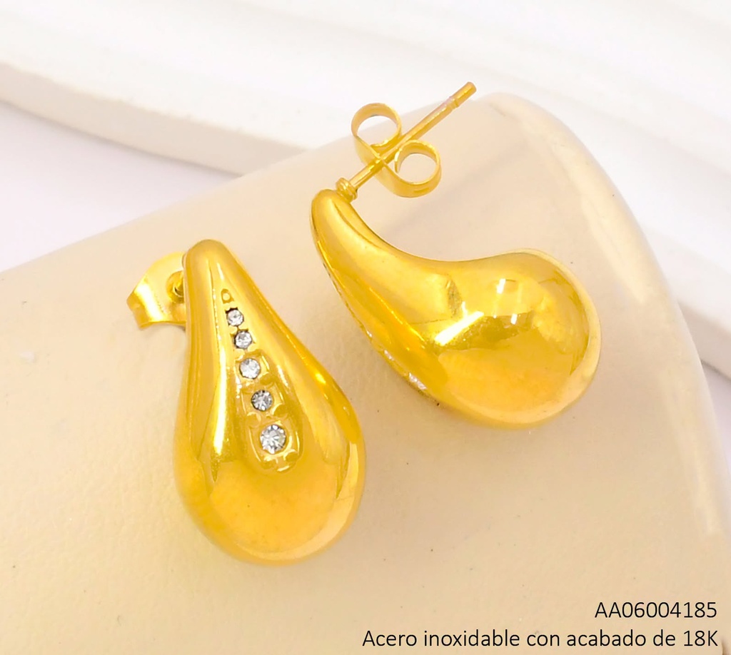 ARETES ACERO INOX. ACABADO 18K. GOTA/ZIRC VE26