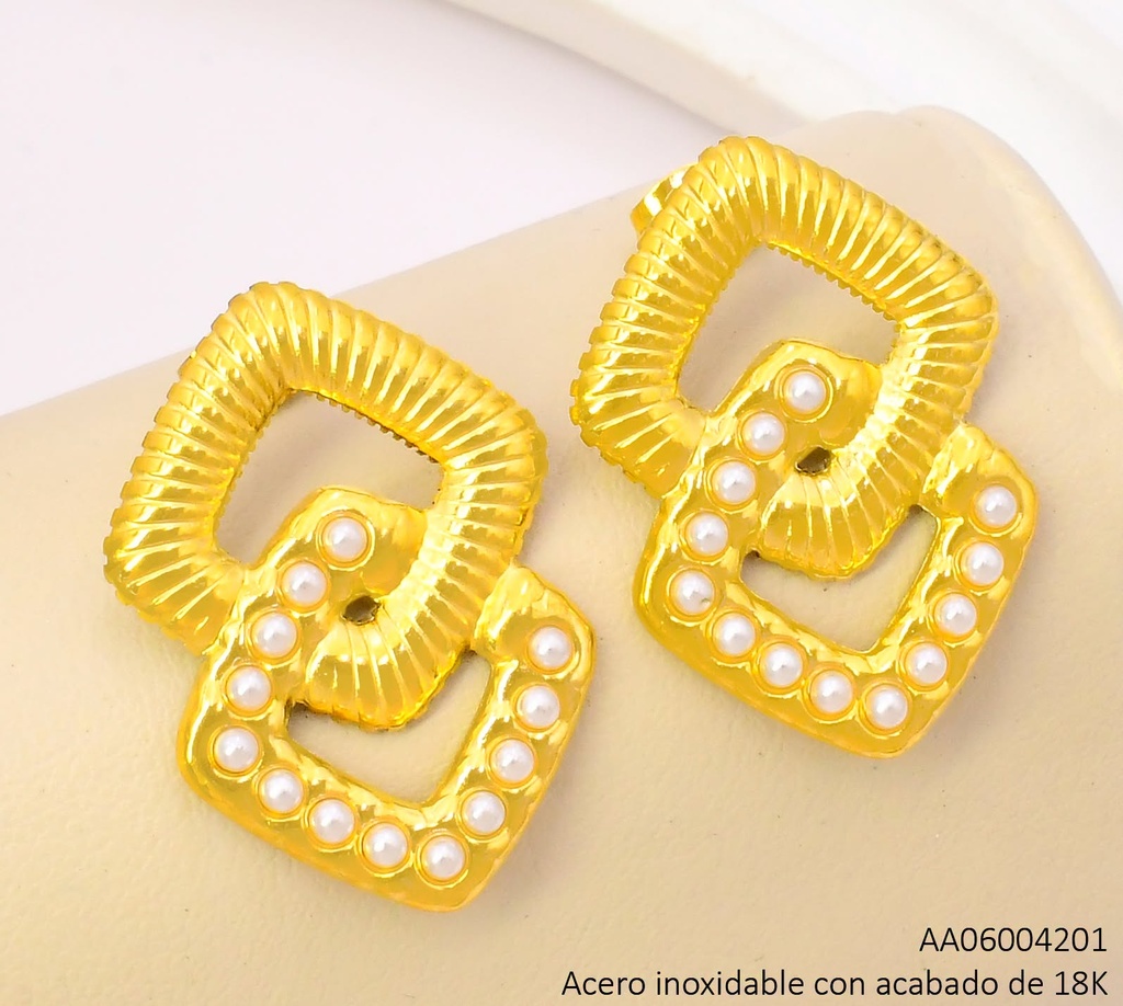 ARETES ACERO INOX. ACABADO 18K. ROMBO PERLAS VE26