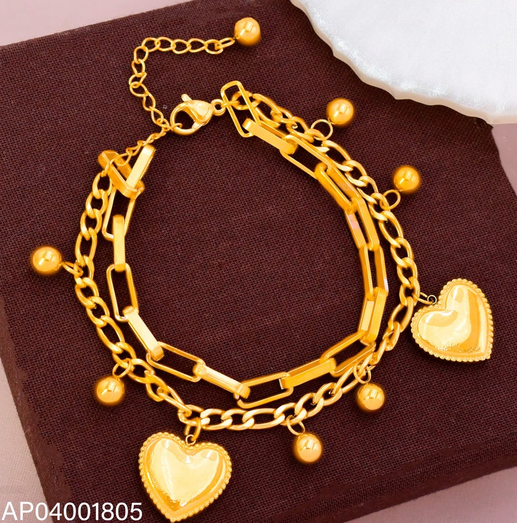 PULSERA ACERO INOX. ACABADO 18K. DOBLE CORAZON (57) VE26