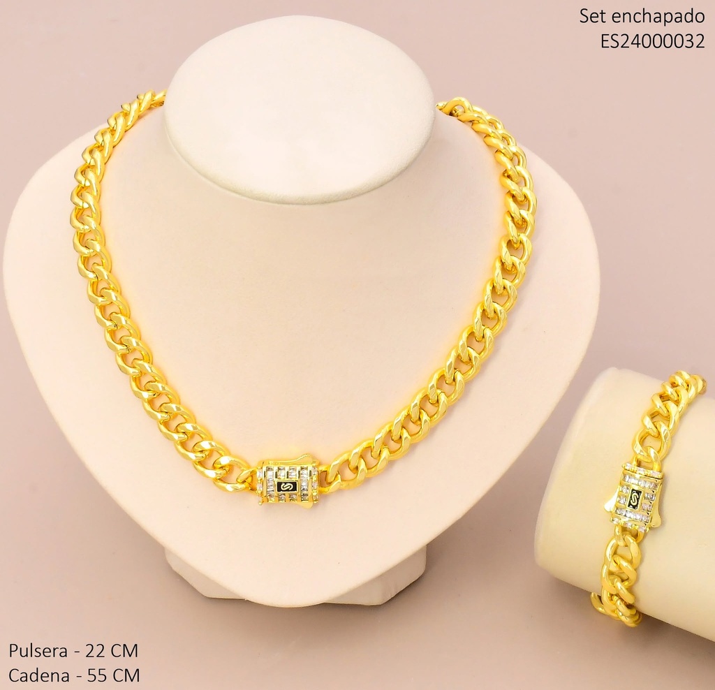 SET CADENA 55CM/ PULSERA 22CM ESLAB. CUBANO CIERRE MONACO SE1607-9