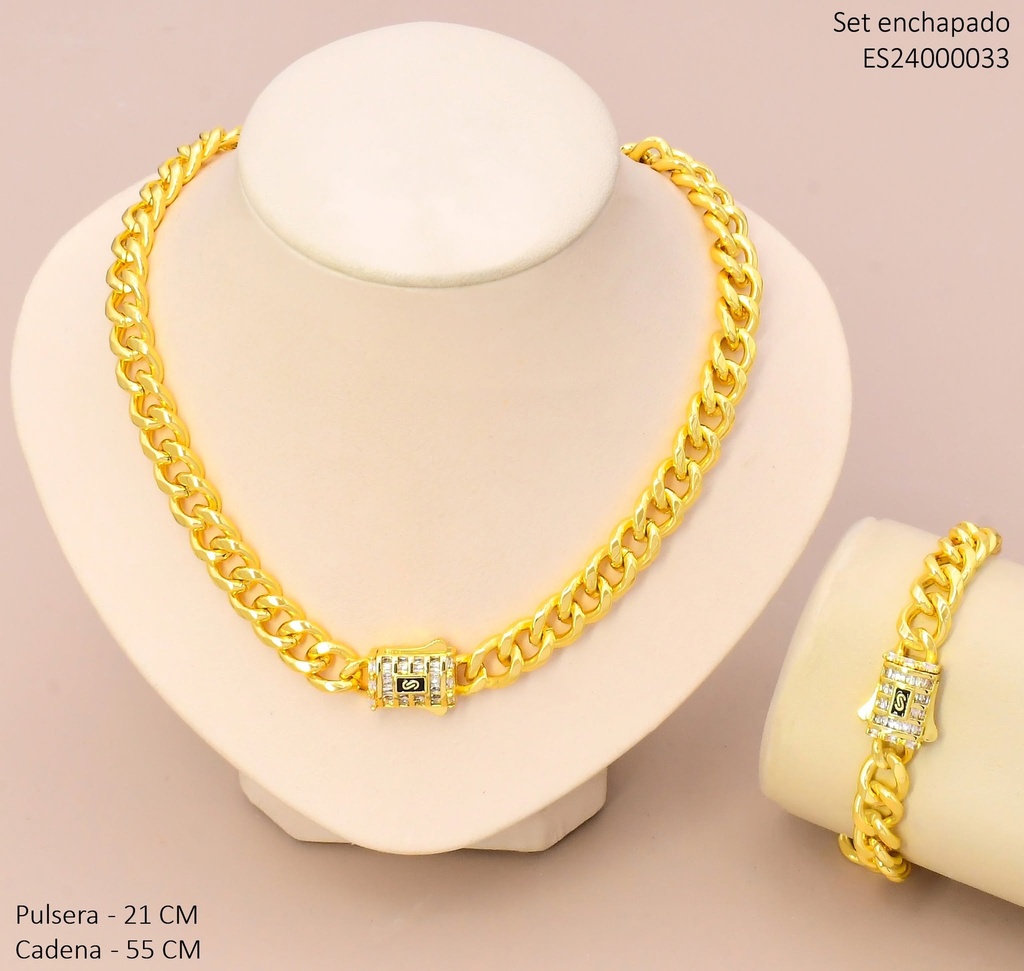 SET CADENA 55CM/ PULSERA 21CM ESLAB. CUBANO CIERRE MONACO SE1606-9