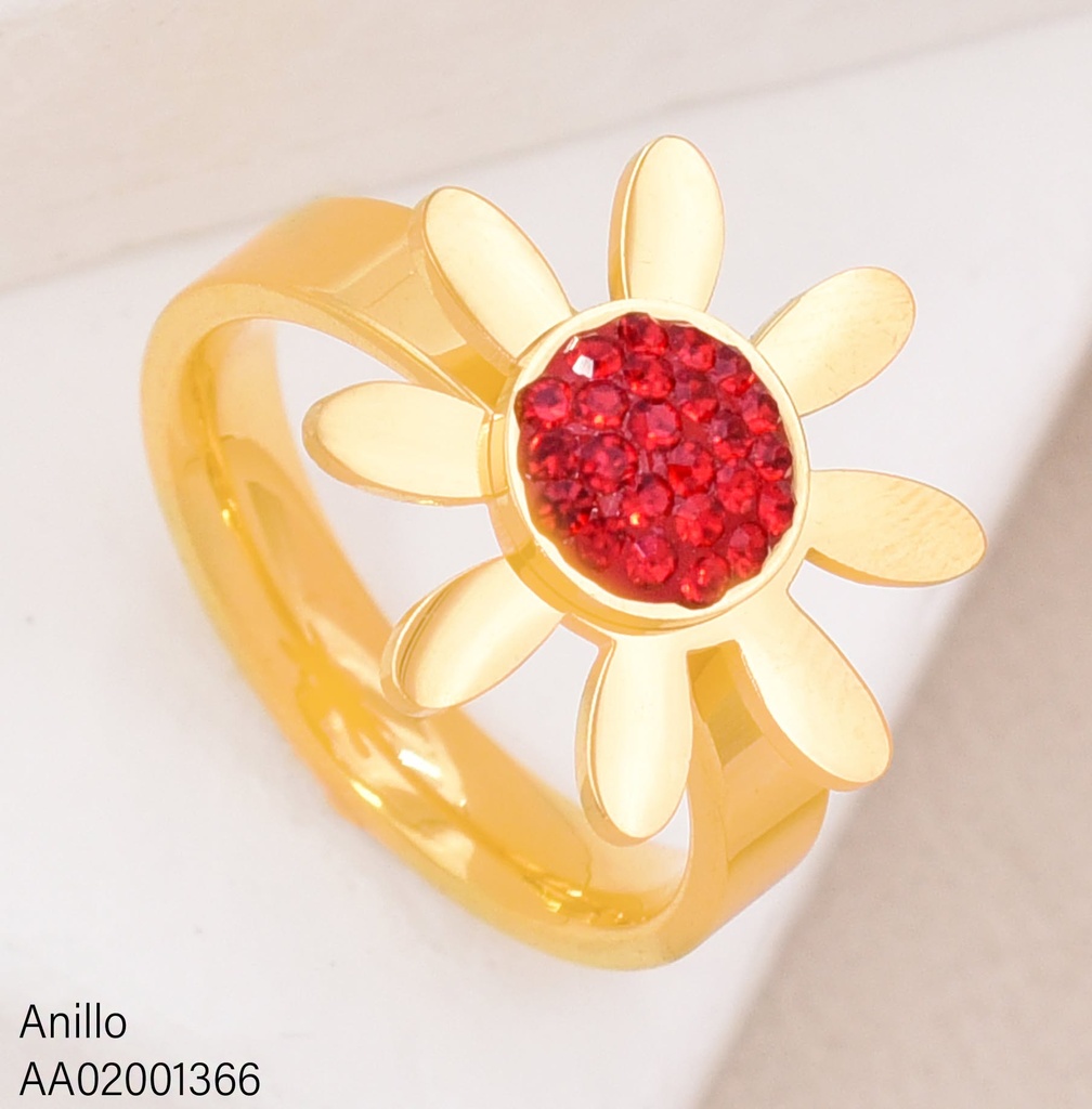 ANILLO FLOR CENTRO ZIRCONIAS ROJAS