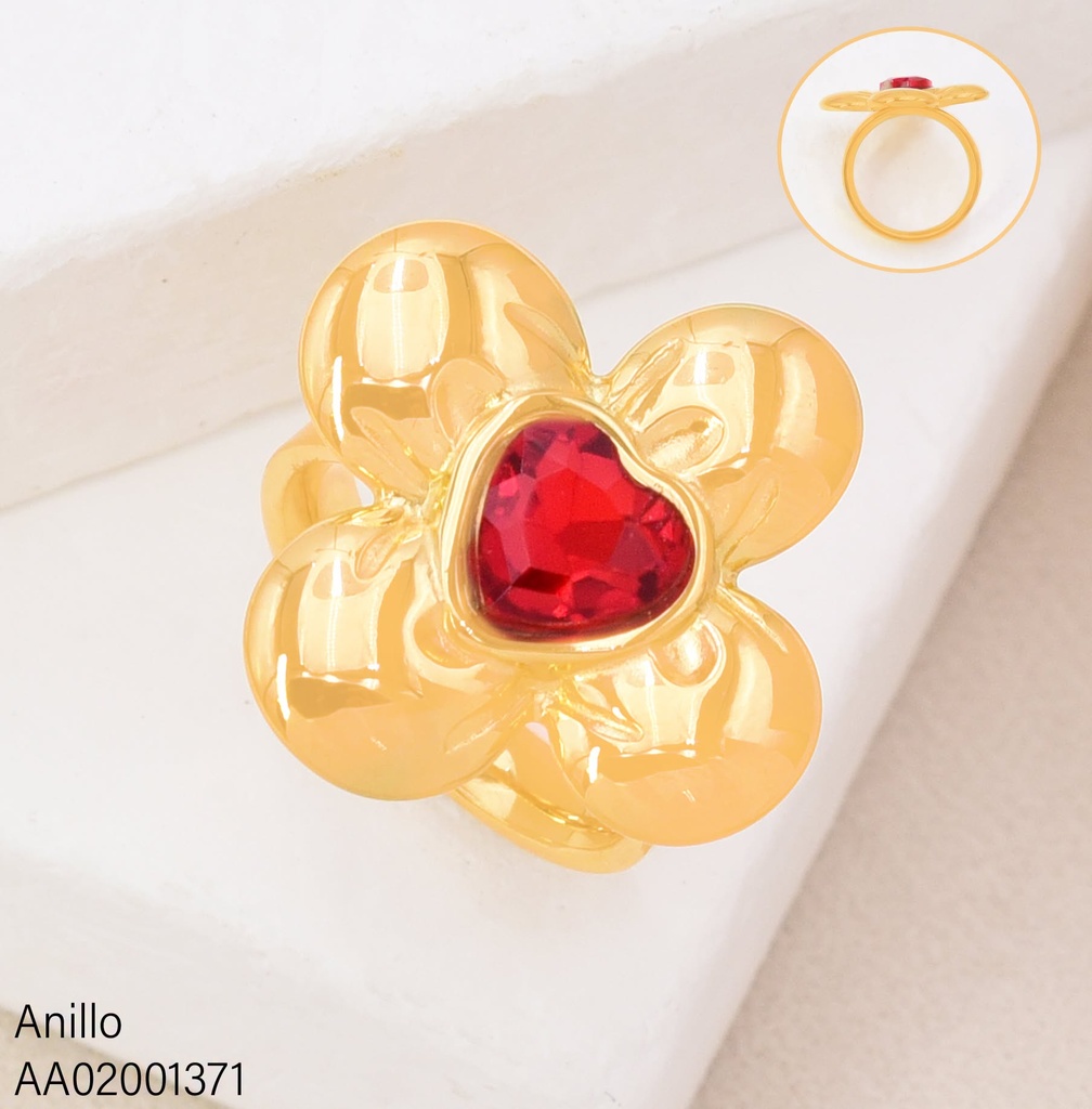 ANILLO FLOR 4 PETALOS CENTRO ZIRCONIAS ROJAS