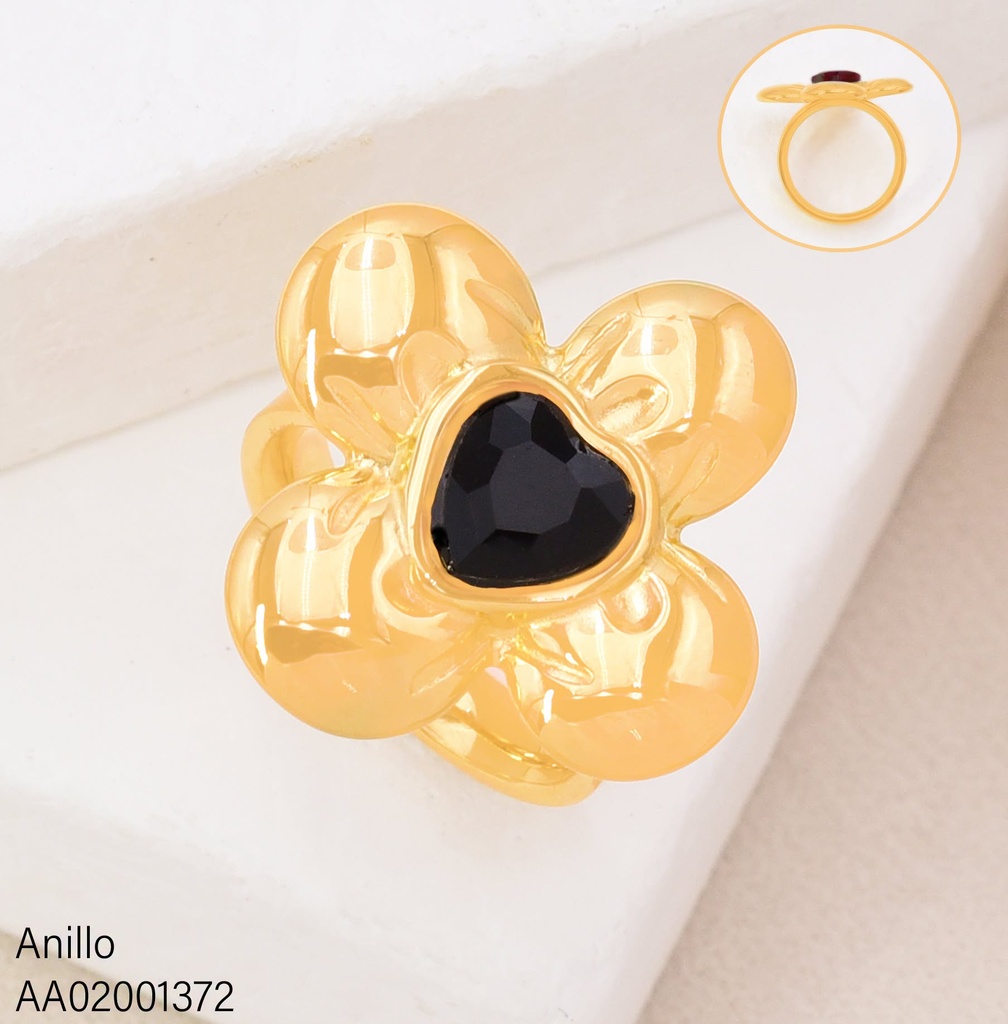 ANILLO 4 PETALOS CENTRO CORAZON ZIRCONIA NEGRO