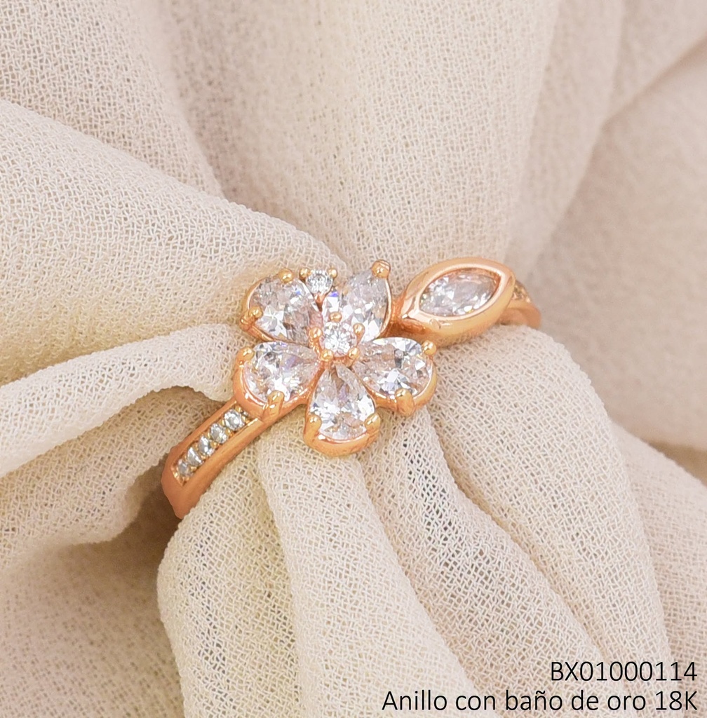 ANILLO BAÑO DE ORO 18K. XUPING FLOR C/GOTA ZIRCONIAS (X.JL)