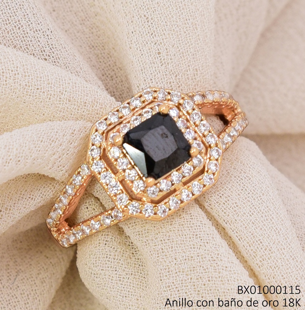 ANILLO BAÑO DE ORO 18K. XUPING ZIRC.NEGRA C/DOBLE BORDES (X.JL)
