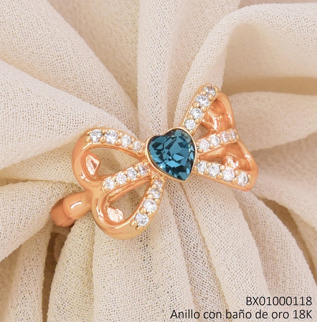 ANILLO BAÑO DE ORO 18K. XUPING LAZO ZIRCONIAS C/CORAZON AZUL (X.JL)