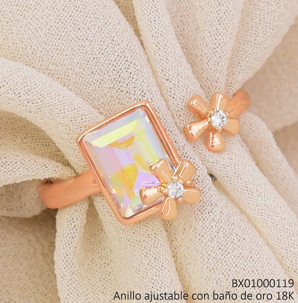 ANILLO BAÑO DE ORO 18K. XUPING ZIRC.RECT.TORNASOL C/2 FLORECITAS (X.JL)