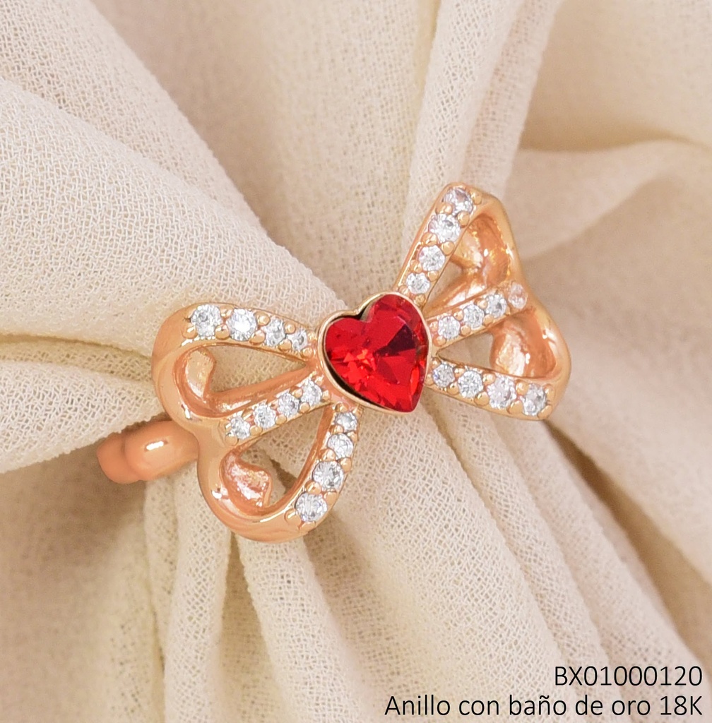 ANILLO BAÑO DE ORO 18K. XUPING LAZO ZIRCONIAS C/CORAZON ROJO (X.JL)