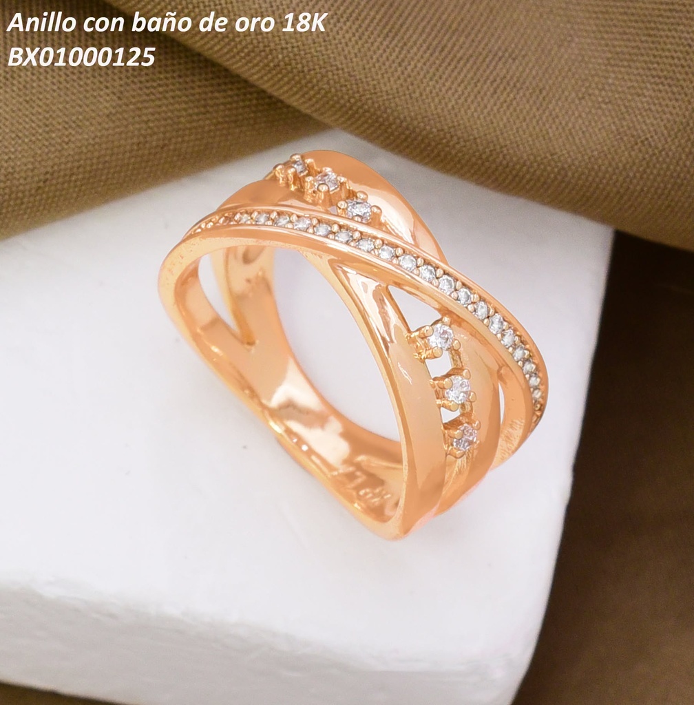 ANILLO BAÑO DE ORO 18K. XUPING LINEAS LISAS/ ZIRC. ENTRELAZADAS (X.JL)