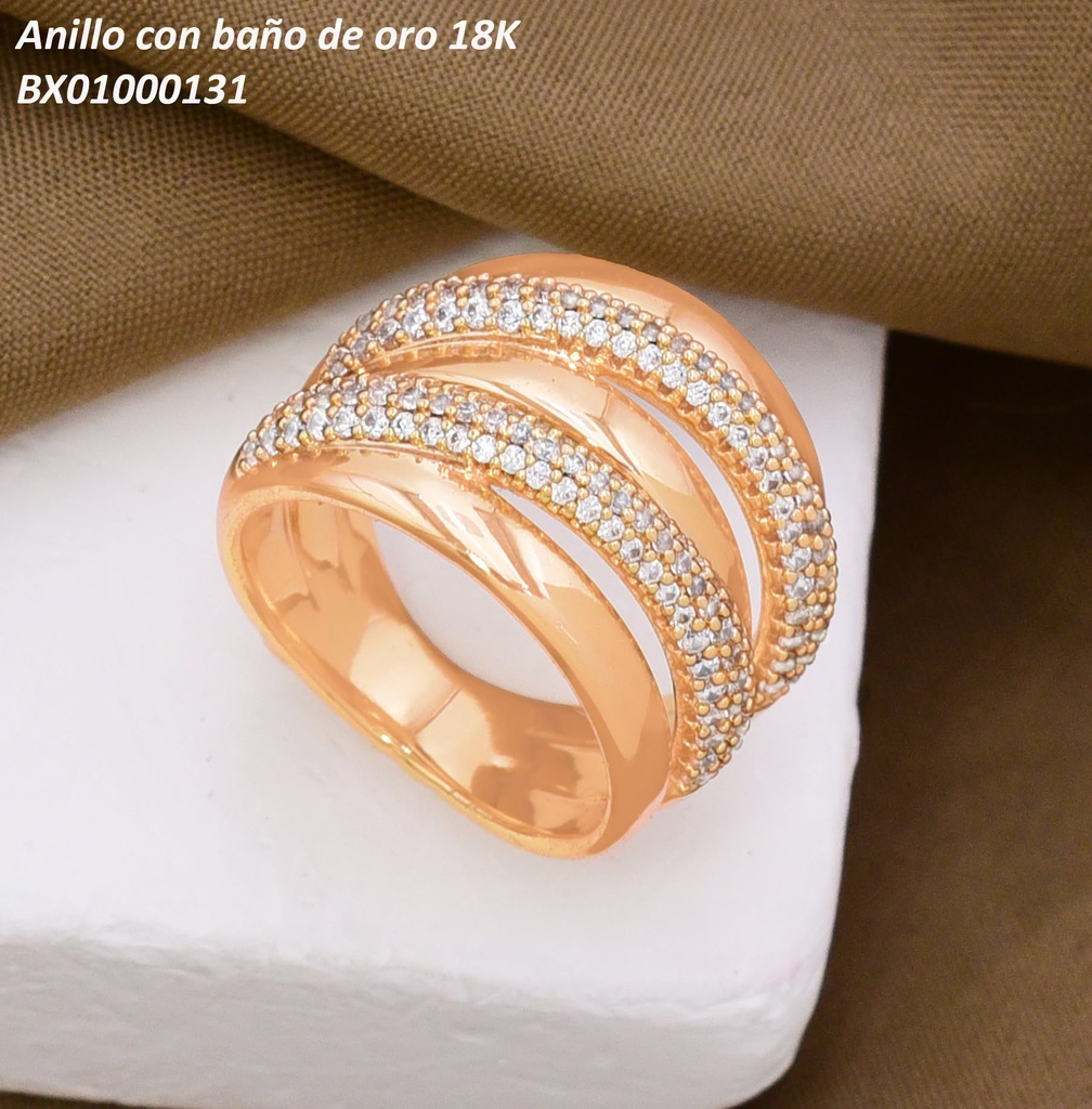 ANILLO BAÑO DE ORO 18K. XUPING LINEAS LISAS/ZIRC. ENTRELAZADAS (X.JL)