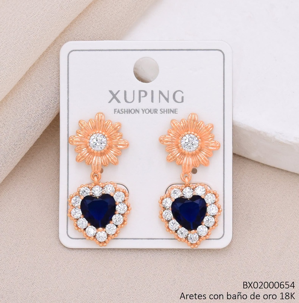 ARETES BAÑO DE ORO 18K XUPING LARGOS FLOR /CORAZON GUIDARDON AZUL ZIRCONIA CRISTAL (X.JL)