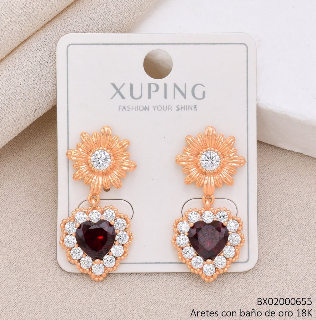 ARETES BAÑO DE ORO 18K XUPING LARGOS FLOR /CORAZON GUIDARDON ROJO OSCURO ZIRCONIA CRISTAL (X.JL)