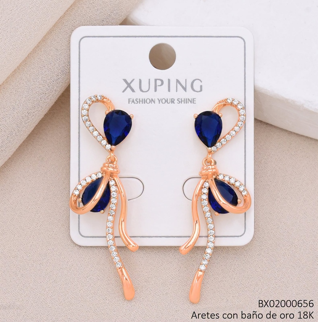 ARETES BAÑO DE ORO 18K XUPING PIEDRAS LAZO VERTICAL OV AZUL/ZIRCONIA CRISTAL (X.JL)