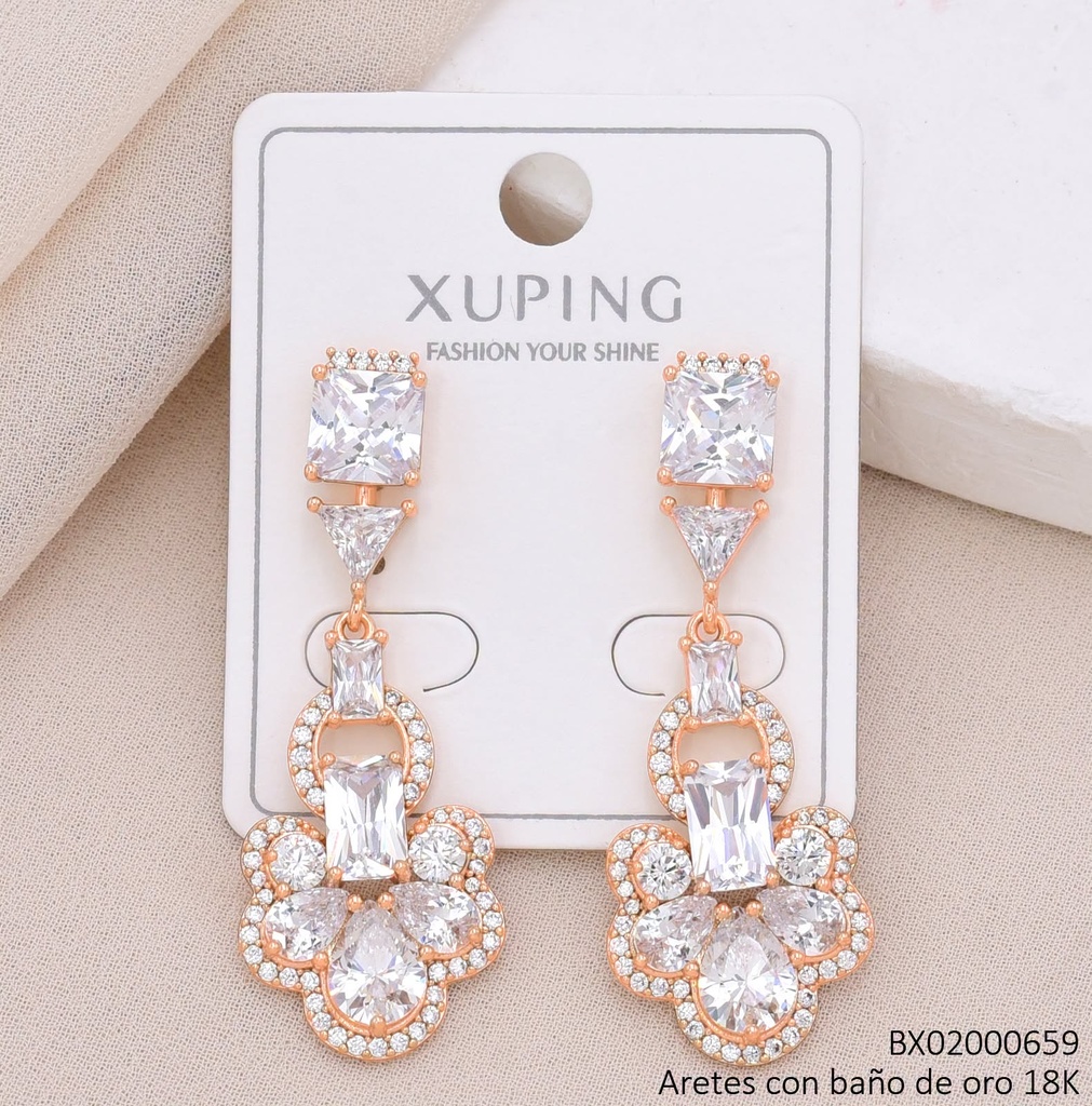 ARETS BAÑO DE ORO 18K XUPING LARGOS PIEDRAS CUADRO/OVALO CRISTAL (X.JL)