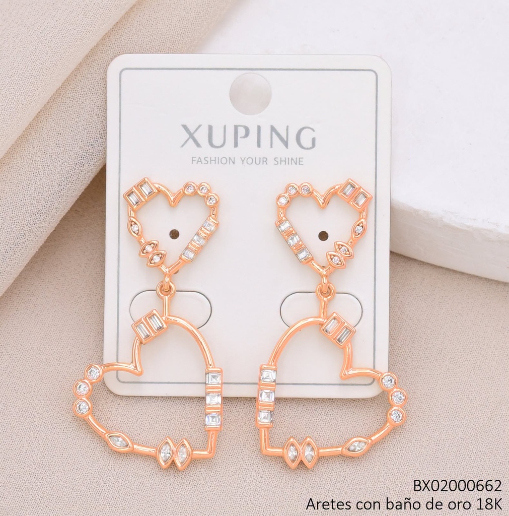 ARETES BAÑO DE ORO 18K XUPING 2 CORAZONES RECTANGULOS CRISTAL (X.JL)
