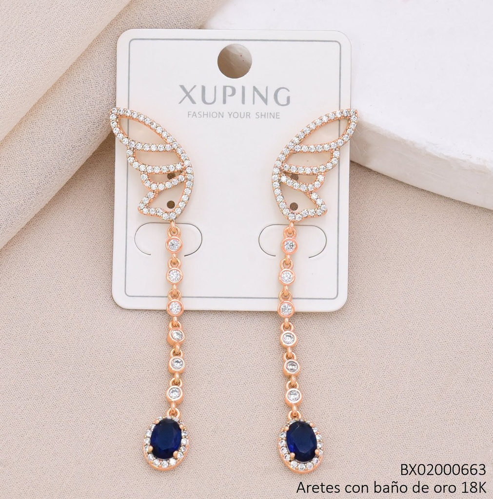 ARETES BAÑO DE ORO 18K XUPING MARIPOSA OV AZUL/ZIRCONIA CRISTAL (X.JL)