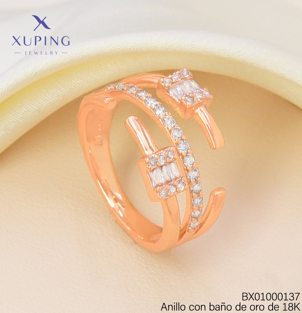 ANILLO BAÑO ORO 18K XUPING 3 LINEAS ZIRC. CRISTAL RECTANGULOS (X.JL)