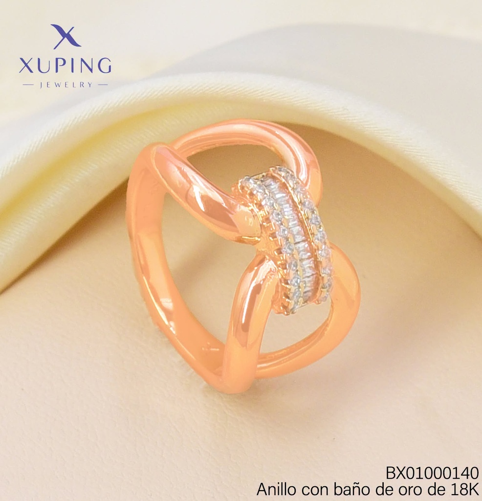 ANILLO BAÑO DE ORO 18K XUPING LAZO RECT. CERTICAL/ZIRC. CRISTAL (X.JL)