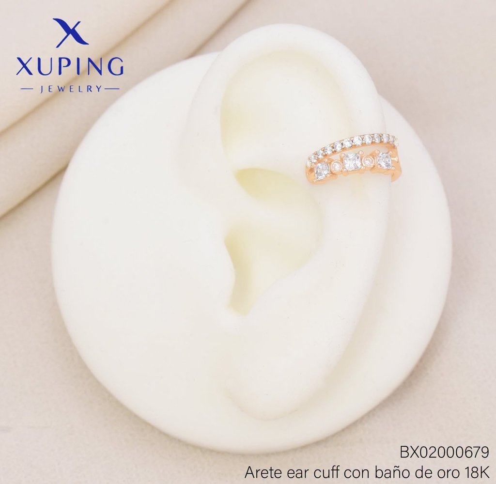 EAR CUFF BAÑO DE ORO 18K XUPING 2 LINEA HORIZONTAL CUADRO/ZIRCONIA CRISTAL