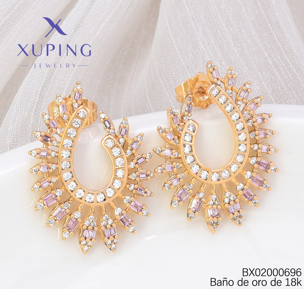 ARETES BAÑO DE ORO 18K. XUPING "J" ZIRC ROSA/CRISTAL (X.JL)