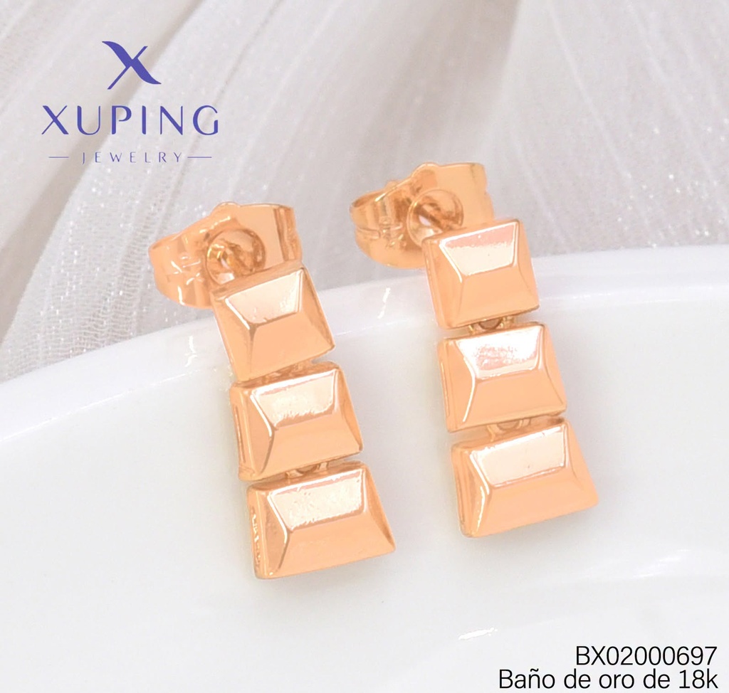 ARETES BAÑO DE ORO 18K XUPING 3 RECT.  LISOS  (X.JL)