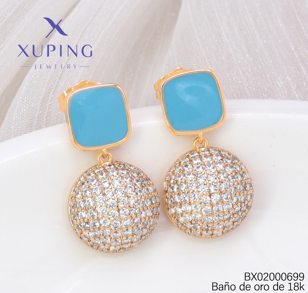 ARETES BAÑO DE ORO 18K XUPING CUADRO CELESTE/ CIRC. ZIRC. (X.JL)