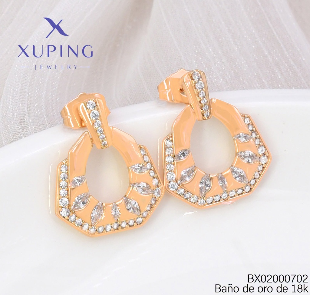 ARETES BAÑO DE ORO 18K. XUPING LINEA/OVALO IRREG. ZIRC. (X.JL)